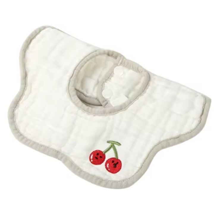 Baveta din Bumbac pentru Copii, 0-12 Luni, 26x29 cm, Rezistenta la Apa, 8 Straturi, cu Capse, Model Tricotat cu Cirese, Alba