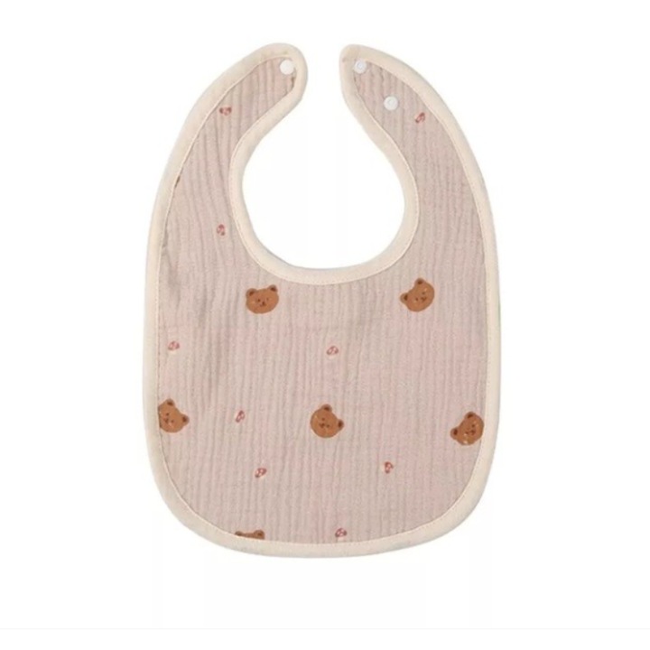 Baveta din Bumbac pentru Copii, 0-12 Luni, 21x30 cm, Rezistenta la Apa, cu Capse, Model cu Ursuleti, Bej