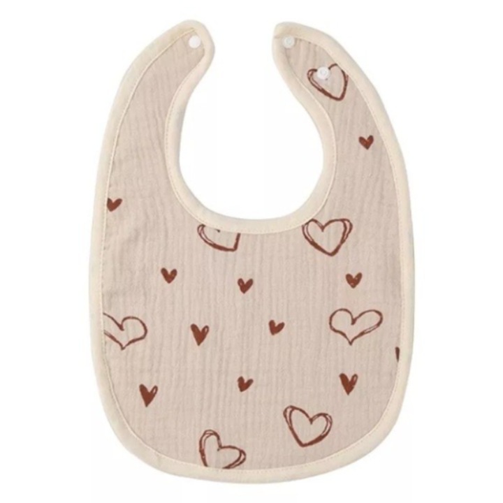 Baveta din Bumbac pentru Copii, 0-12 Luni, 21x30 cm, Rezistenta la Apa, cu Capse, Model cu Inimioare, Roz