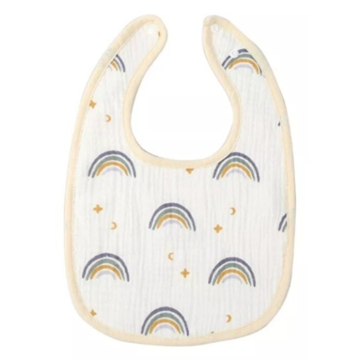 Baveta din Bumbac pentru Copii, 0-12 Luni, 21x30 cm, Rezistenta la Apa, cu Capse, Model Curcubeu, Bej