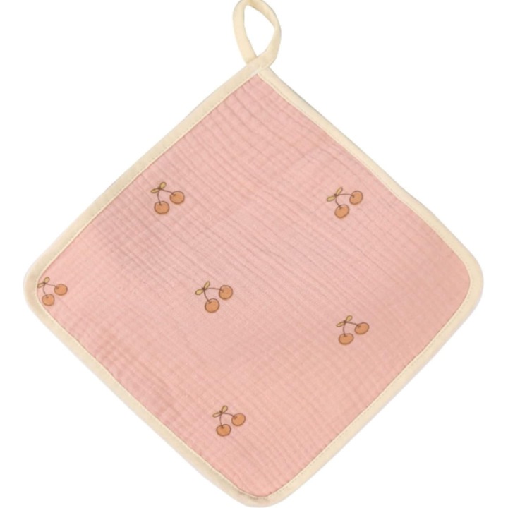 Prosop Absorbant din Bumbac pentru Bebelusi, 25x25 cm, Model Cirese, cu Agatatoare, Roz