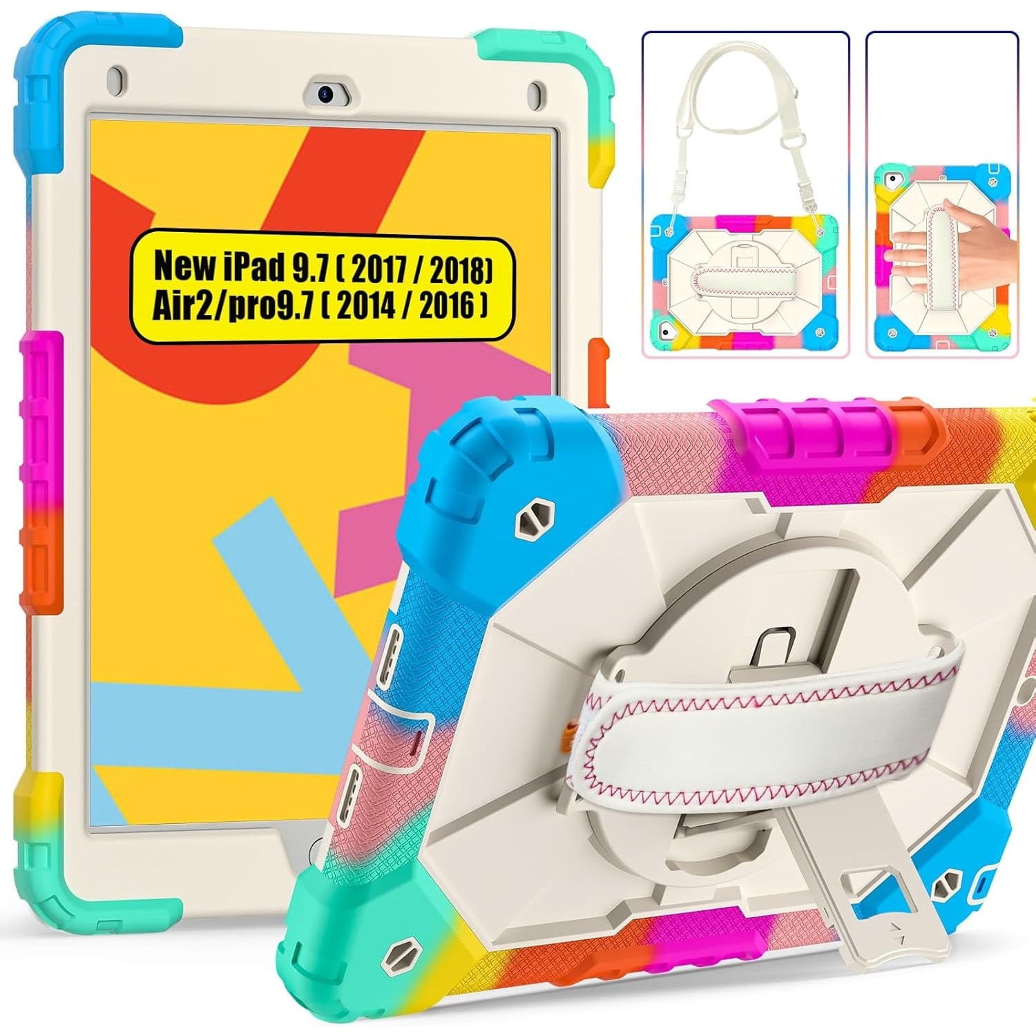 Husa Sigloo pentru iPad 9.7" (iPad 5/6, Pro 9.7, Air 2) – Carcasa 360° cu Suport Rotativ, Curea Umar si Protectie Completa Antisoc, Multicolor