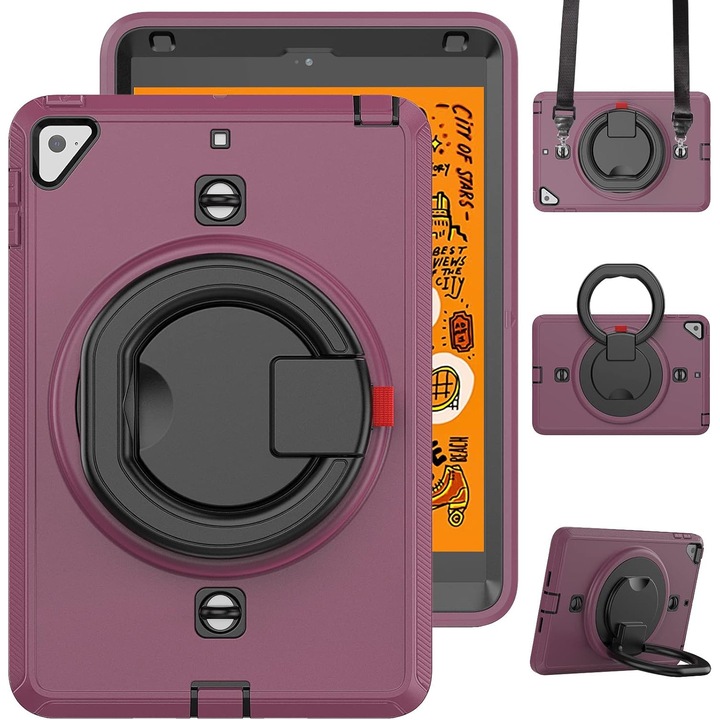 Pachet 360 pentru iPad 9.7" (iPad Air 2, iPad 5/6, iPad Pro 9.7) – Husa Sigloo cu folie inclusa, curea de umar si suport rotativ, Mov inchis