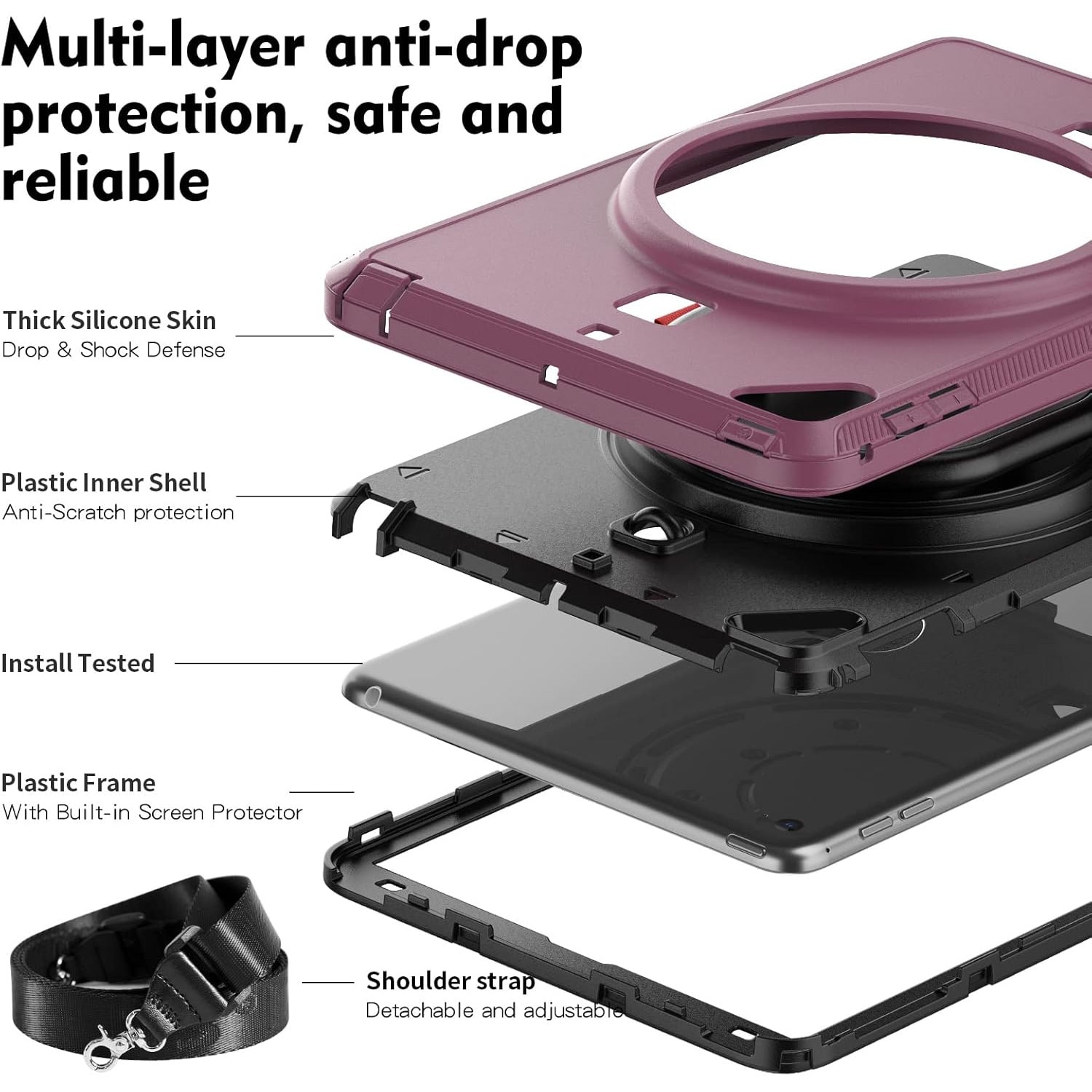 Pachet 360 pentru iPad 9.7" (iPad Air 2, iPad 5/6, iPad Pro 9.7) – Husa Sigloo cu folie inclusa, curea de umar si suport rotativ, Mov inchis