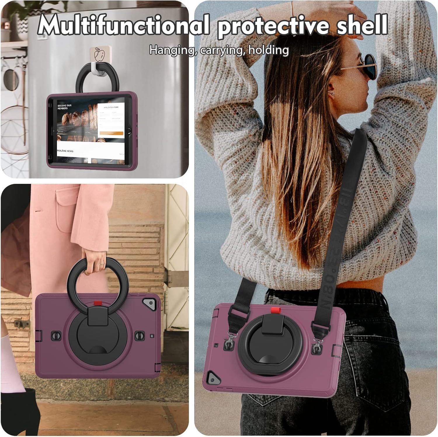 Pachet 360 pentru iPad 9.7" (iPad Air 2, iPad 5/6, iPad Pro 9.7) – Husa Sigloo cu folie inclusa, curea de umar si suport rotativ, Mov inchis