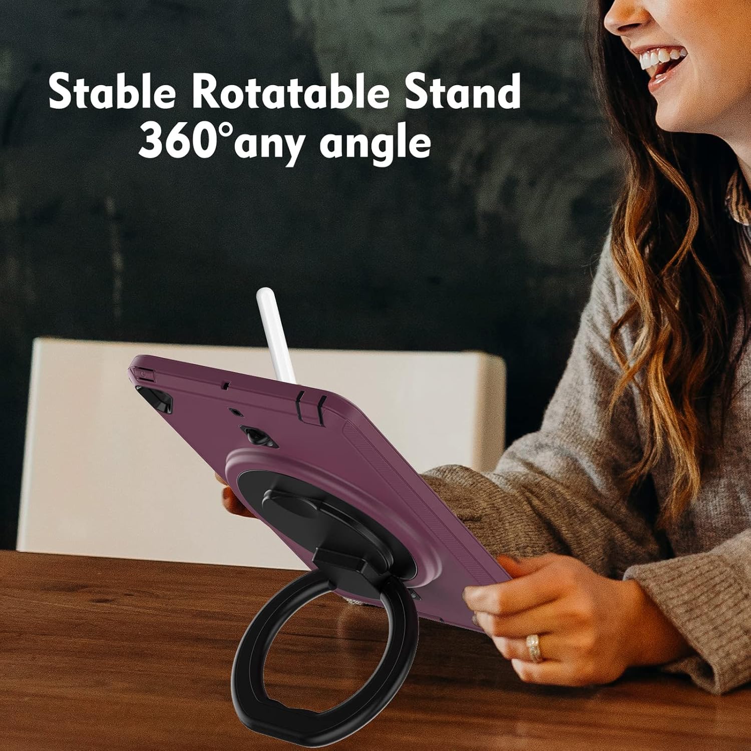 Pachet 360 pentru iPad 9.7" (iPad Air 2, iPad 5/6, iPad Pro 9.7) – Husa Sigloo cu folie inclusa, curea de umar si suport rotativ, Mov inchis