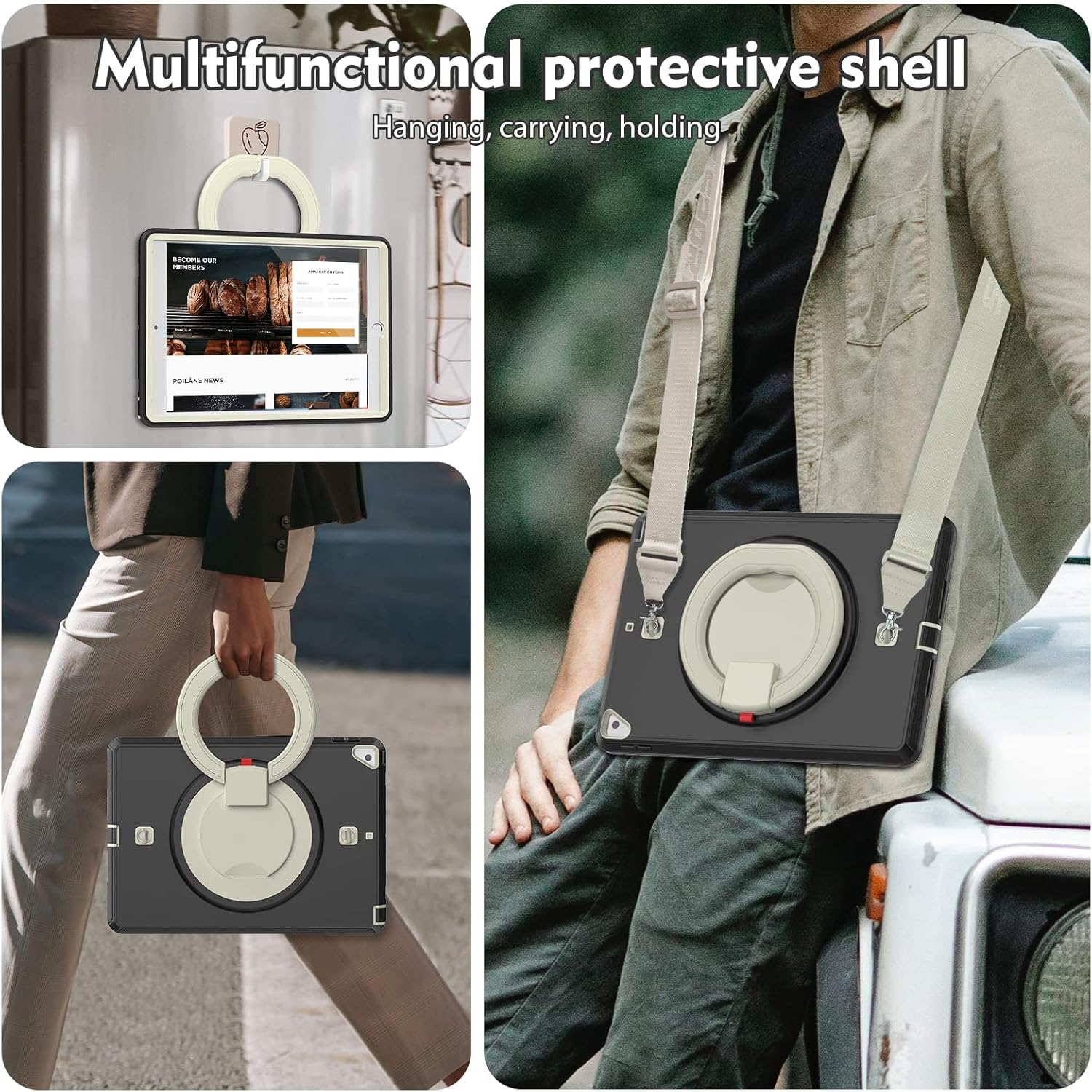 Pachet 360 pentru iPad 9.7" (iPad Air 2, iPad 5/6, iPad Pro 9.7) – Husa Sigloo cu folie inclusa, curea de umar si suport rotativ, Negru