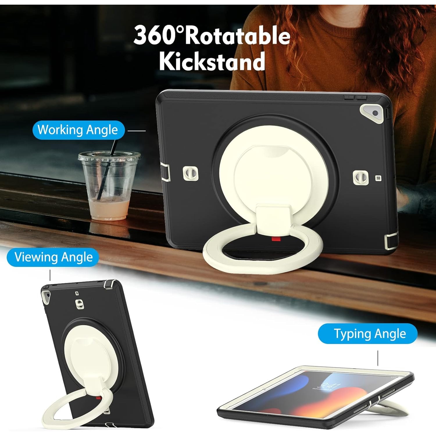Pachet 360 pentru iPad 9.7" (iPad Air 2, iPad 5/6, iPad Pro 9.7) – Husa Sigloo cu folie inclusa, curea de umar si suport rotativ, Negru