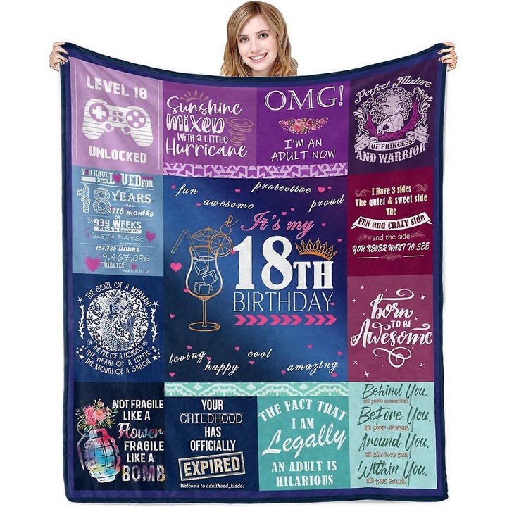 Patura din flanel, pentru aniversare 18 ani, 50x40 inch, moale si calduroasa