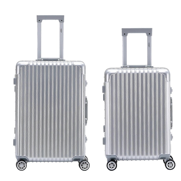 Set trolere 3 piese, 55x35x20cm + medie + mare, hardshell, cadru din aluminiu, argintiu