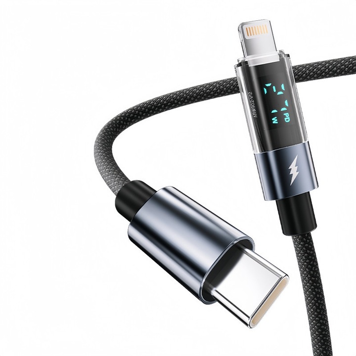 Cablu inteligent cu afisaj digital, incarcare super rapida PD27W, cablu universal, Type-C la Lightning, PD27W, cip inteligent de protectie, 480Mbps, compatibil cu IPHONE X/11/12/13/14, iPad/AirPods, zinc/tesatura, durabil, 1.2 metri, negru