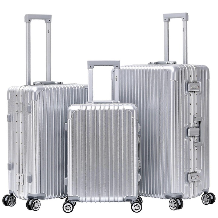 Set de 3 trolere cabina, mediu si mare, dimensiuni 55x35x20cm, 65x43x25cm, 75x50x30cm, culoare argintie