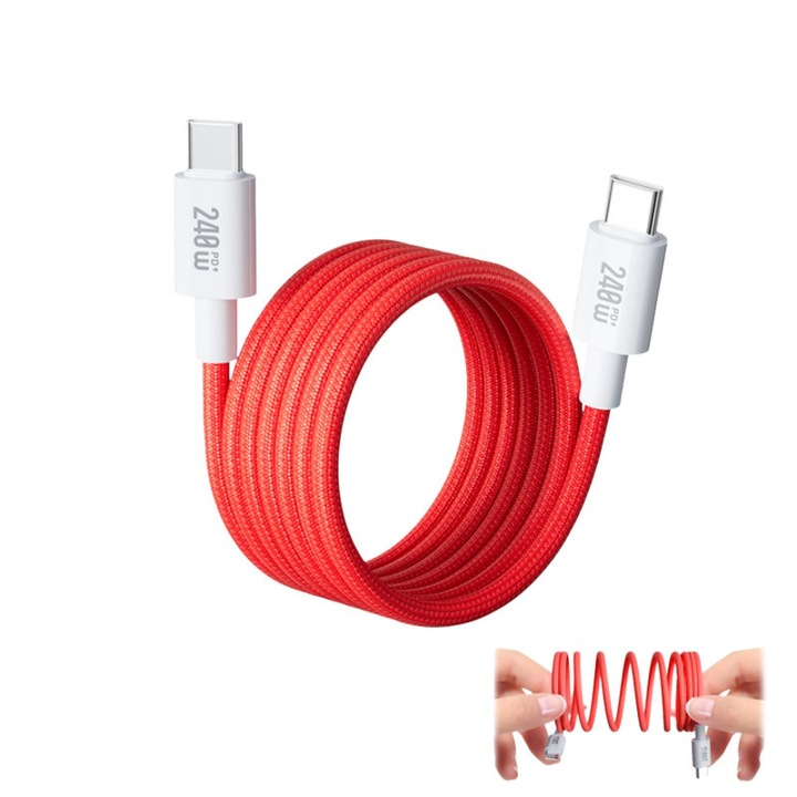 Cablu de date magnetic cu incarcare super rapida de 240W, TYPE-C la Type C, magnetic, auto-infasurare/atasare/stocare, 480Mbps, cip inteligent, compatibil cu laptopuri, iPhone 15/16, Samsung, Switch, casti etc, TBE/cablu impletit, durabil, 1 metru, Rosu