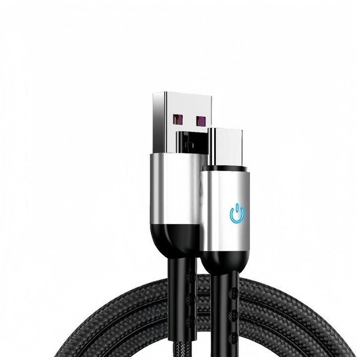 Cablu de date si incarcare rapida, USB-A la Type-C, 66W, 5A, 480Mbps, indicator luminos de incarcare, protectie inteligenta, iOS/Android, Compatibil cu Samsung, tableta, casti etc., aluminiu/impletitura, 1.2 metri, negru