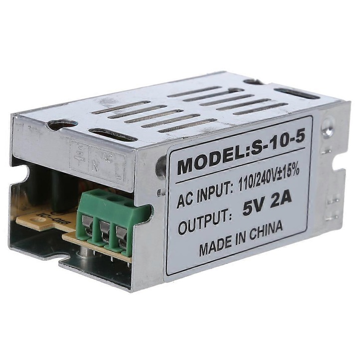 Sursa de alimentare comutata 5V 2A, 10W, dimensiuni 2.8x1.5x1.2 inch, pentru LED-uri si echipamente audio