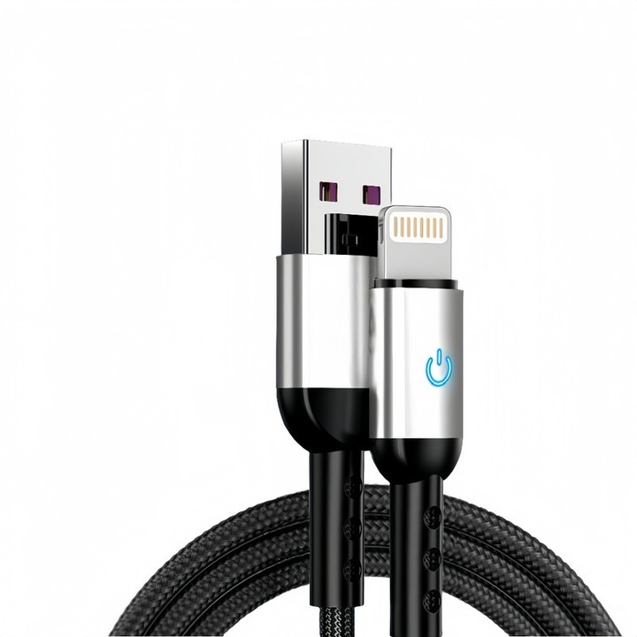 Cablu de date si incarcare rapida, USB-A la Lightning, 480Mbps, indicator luminos de incarcare, protectie inteligenta, compatibil cu iPhone X/11/12/13/14, iPad, Airpods etc., aluminiu/impletitura, 1.2 metri, negru