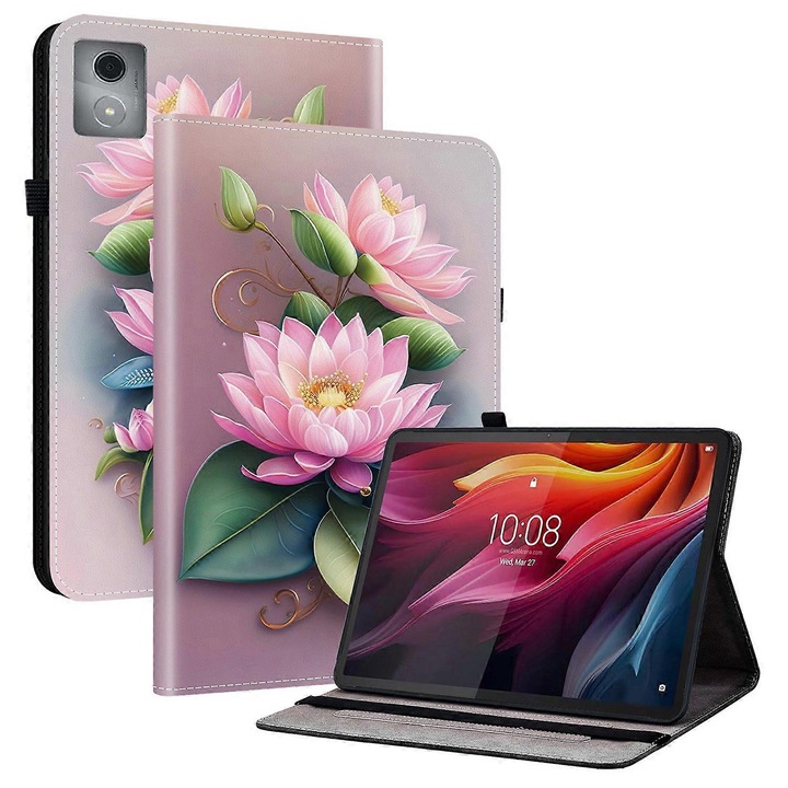 PU bőr tablet tok, nyomtatott mintával, összecsukható állvány, kártyatartó zsebek, fekete, L