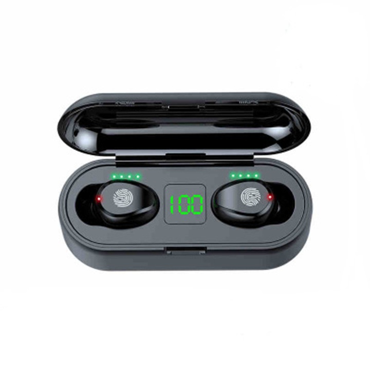 Vezeték nélküli fülhallgató, LEWER, TWS F9, Bluetooth 5.0, Sport In-Ear 1500 mAh Powerbankkal, Mikrofon, LCD Kijelző, Érintésvezérlés, IPX4, HD Basszus Hangzás, Android és iOS Kompatibilis, 6 óra Lejátszási Idő, USB Töltőtok, Fekete