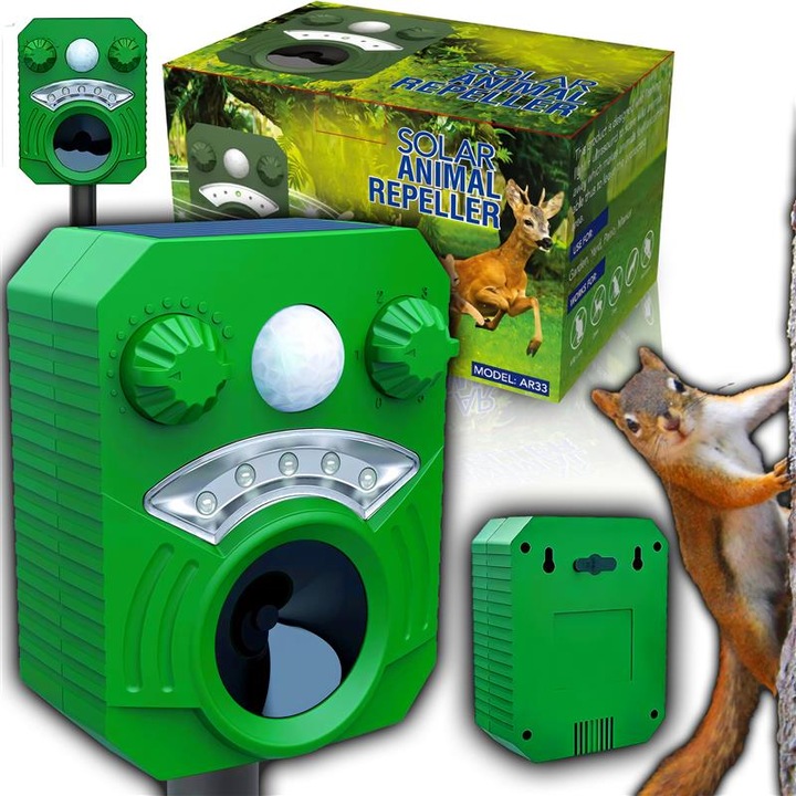 Уред за прогонване на животни RETOO GardenPro, Ултразвук и светлина, Соларен за гризачи и животни, с PIR сензор, IR система, Регулиране на обхват/ъгъл 110°, Честота 16-60 kHz, Водоустойчив IP44, Захранване 3x AA + Соларен панел, Зелен