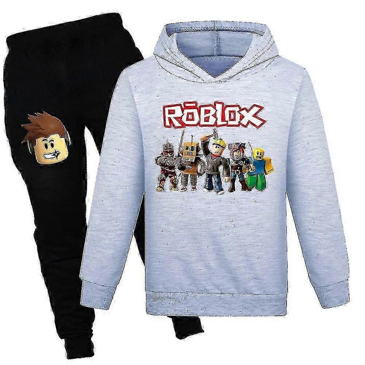 Set hanorac si pantaloni de trening, ROBLOX, model gamer, bumbac, gri