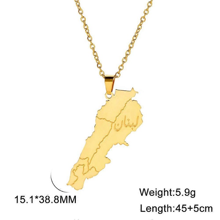 Colier cu pandantiv harta Liban din inox, set bratara si colier, auriu