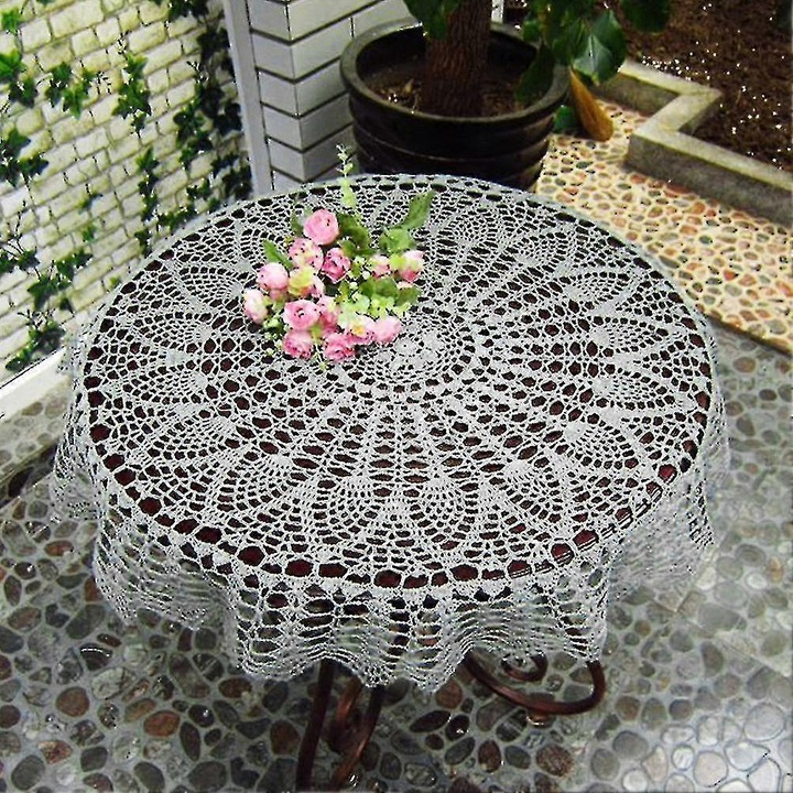 Fata de masa rotunda din bumbac crosetat manual, stil vintage, 100cm, alb, set 1 buc.