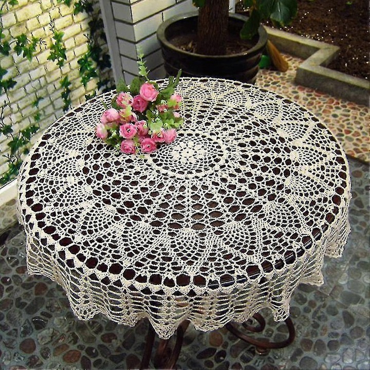 Kerek, kézzel horgolt pamut terítő, vintage stílusú, 80 cm, bézs
