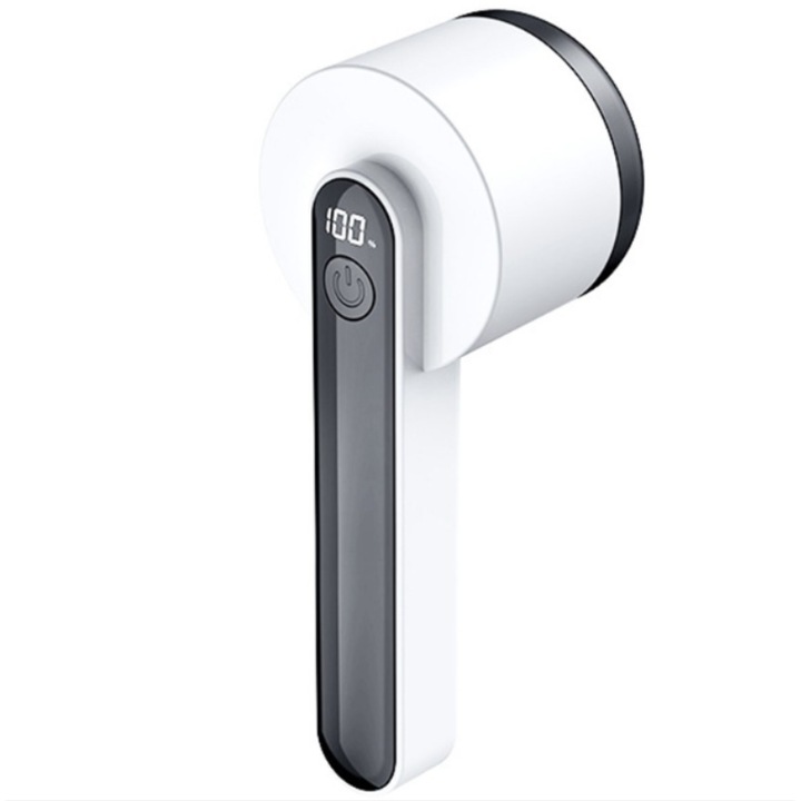 Szősz-, haj- és portisztító készülék, Trimmer különböző anyagtípusokhoz, rozsdamentes acél pengékkel, ergonomikus fogantyúval, USB töltéssel, fehér-fekete