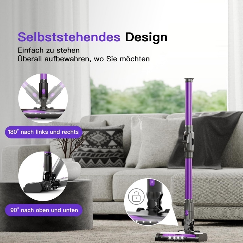 Aspirator fara fir, 120W, cutie de praf de 1, 2L, putere de aspirare de 12KPa, far LED, rotatie flexibila, 3600mAh, reincarcabil, negru si violet