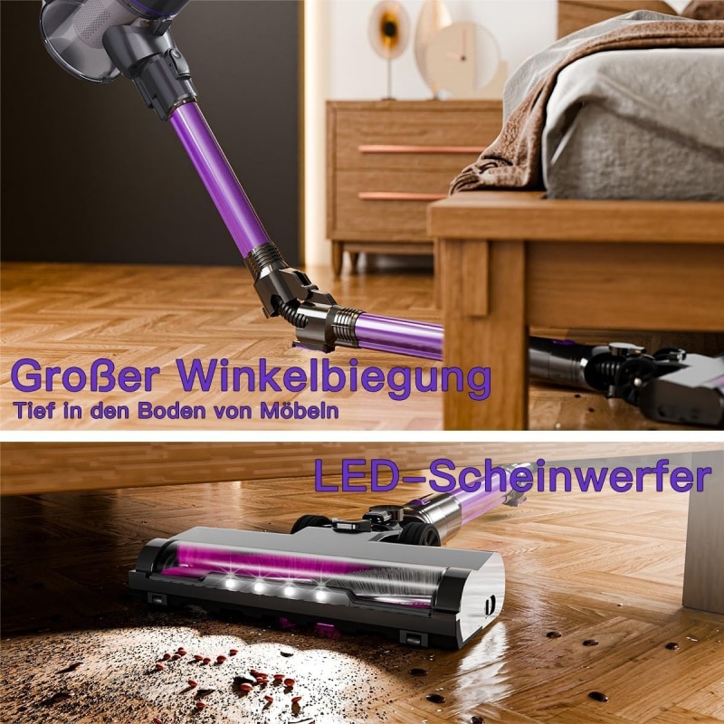 Aspirator fara fir, 120W, cutie de praf de 1, 2L, putere de aspirare de 12KPa, far LED, rotatie flexibila, 3600mAh, reincarcabil, negru si violet