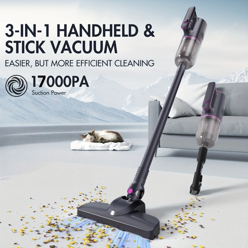 Aspirator fara fir, 120W, reglare cu 2 viteze, putere de aspirare 12KPa, rotatie flexibila, 8000mAh, reincarcabil, 255x135x915mm, negru si violet