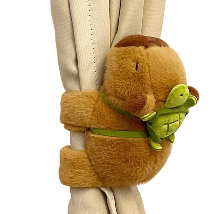 Set 2 cordoane prindere perdea, Designul personajului Capybara, cu un rucsac detasabil in forma de broasca testoasa pe spate, 20cm, Nu este nevoie sa agatati, Usor de utilizat, Pentru dormitor, sufragerie, baie, Poate fi folosit si ca ornament