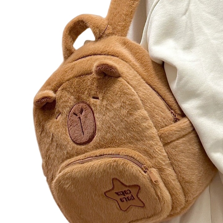 Детска раница, капибара, с множество джобове, 2 ципа, Едно основно отделение, преден джоб, Дизайн с широк отвор, Два странични джоба, 20x29см, Голям капацитет, Пухкава на допир, кадифена и удобна