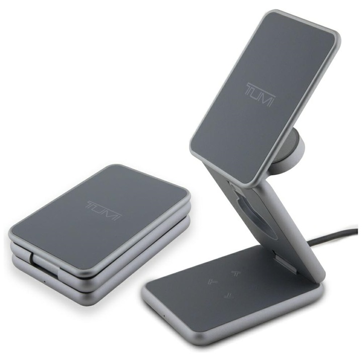 Incarcator inductiv TUMI pliabil 3w1 15W, gri, set cu cablu USB-C si etui protector