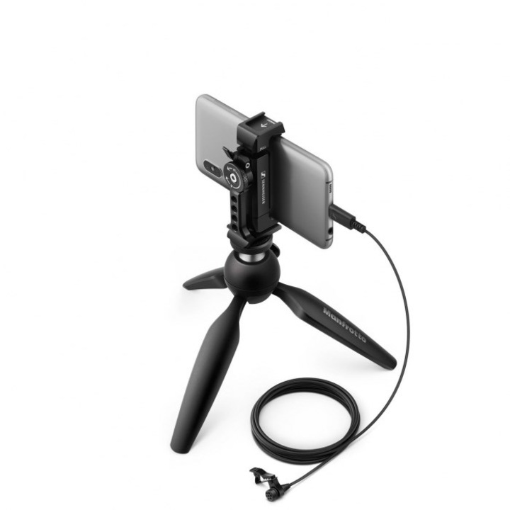 Микрофон Lavalier Sennheiser XS Lav USB-C Mobile Kit, със статив и стойка Manfrotto за смартфон