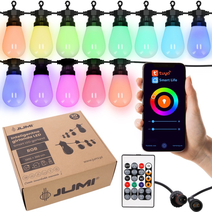 Girlanda LED multicolora JUMI, 12m, controlata prin aplicatia TUYA, 20 LED-uri, rezistenta la apa