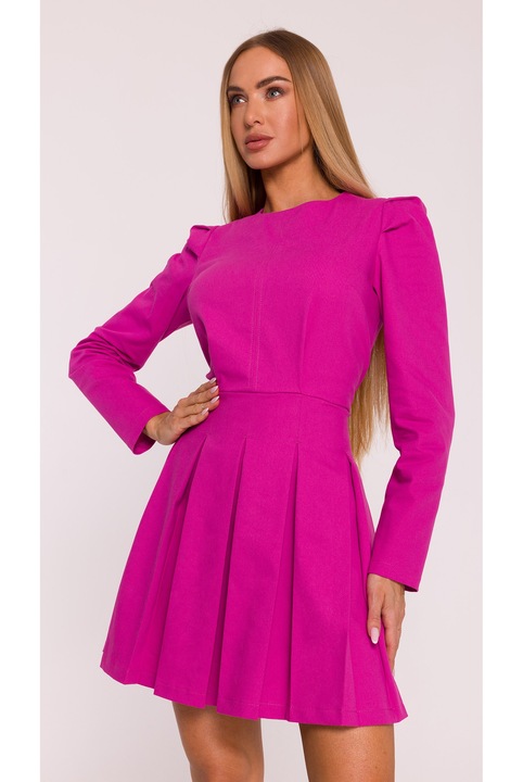 Мини рокля M884 розова имитация на деним, кръгло деколте, дълги ръкави