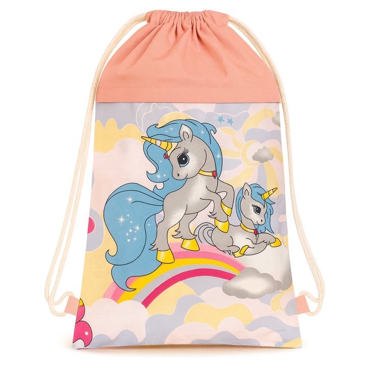 Saculet gradinita, model unicorni albastru