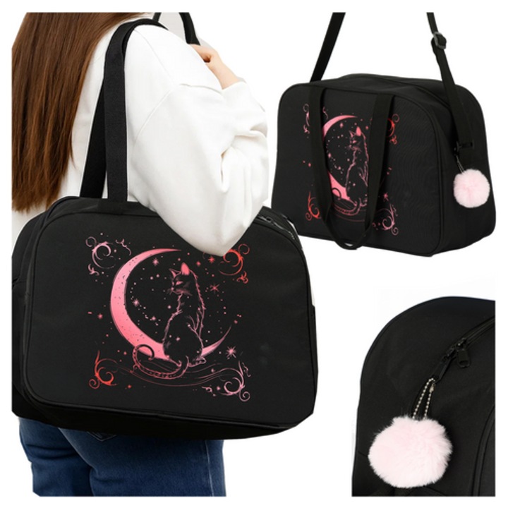 Geanta de umar pentru fete, Zola, capacitate 13L, curea reglabila 110 cm, manere fixe, poliester, 40 x 28 x 12 cm, negru/roz