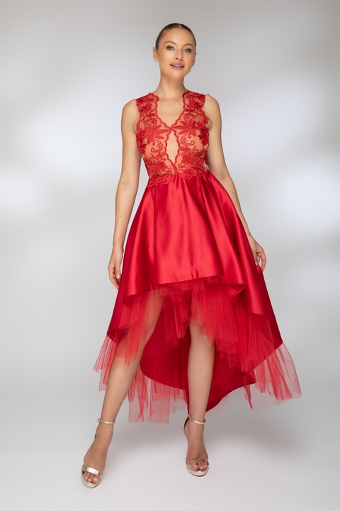 Червена асиметрична рокля с шлейф и дантела, Rn 3197r