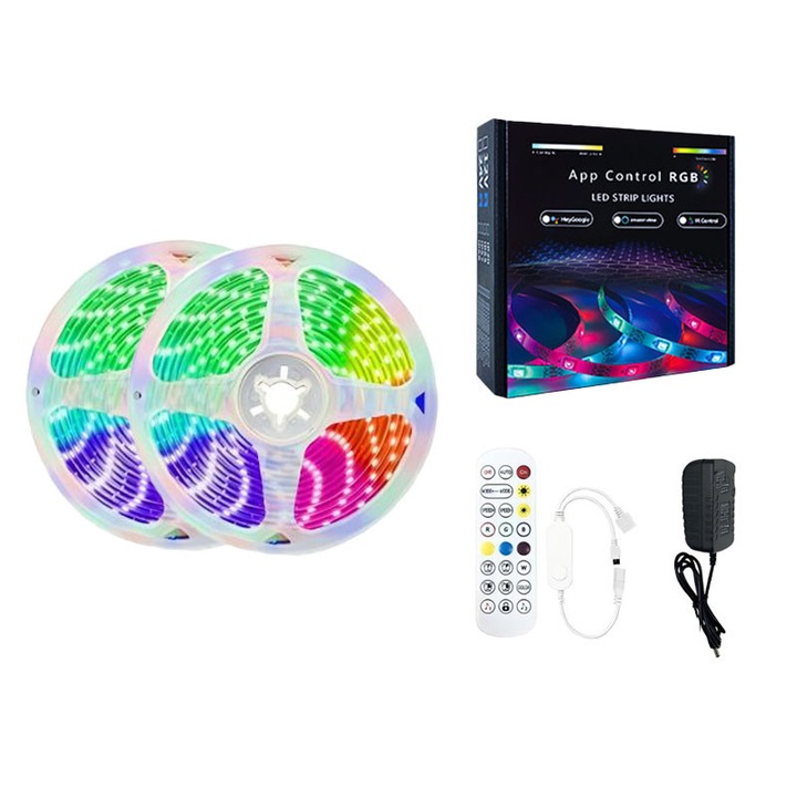 LED лента, 10м, 2x5м, 5050 60 LED/м, Управление Tuya App WIFI, 24 бутона, Дистанционно, IP65 Водоустойчива, RGB 16 милиона цвята, За Кухня, Спалня, Телевизор, Парти