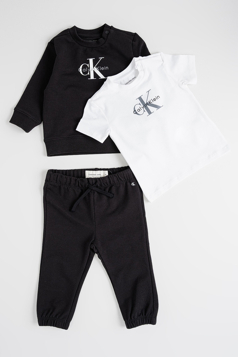 CALVIN KLEIN, Set de bluza de trening, tricou si pantaloni de trening din amestec de bumbac organic - 3 piese, Alb, Negru, 68 CM