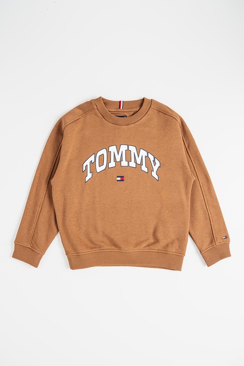 Tommy Hilfiger, Суитшърт с овално деколте и лого, Бял/Кафяв