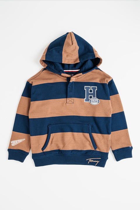 Tommy Hilfiger, Раирано худи с джоб кенгуру, Кафяв/Тъмносин