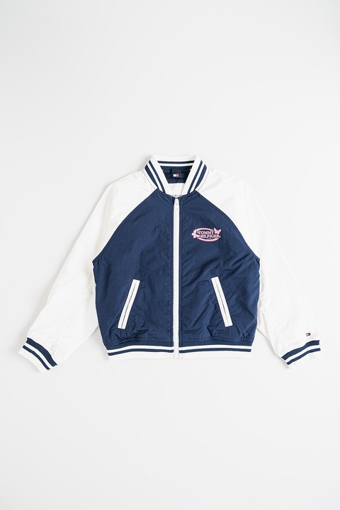 Tommy Hilfiger, Jacheta bomber cu maneci contrastante, Alb/Bleumarin