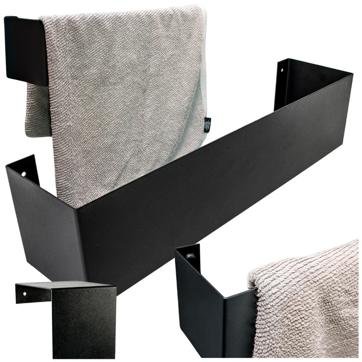 Suport metalic pentru prosoape Zolta, negru mat, 60x14x14cm, montare verticala sau orizontala, set complet de montaj