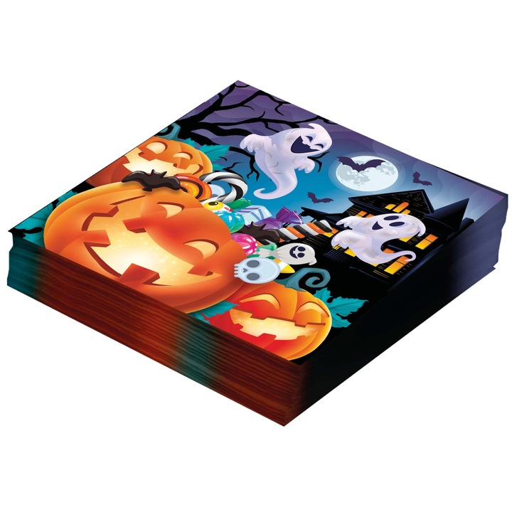 Set servetele hartie Halloween, Fiestas Guirca, 33x33cm, 12 bucati, motiv dovleac si fantome
