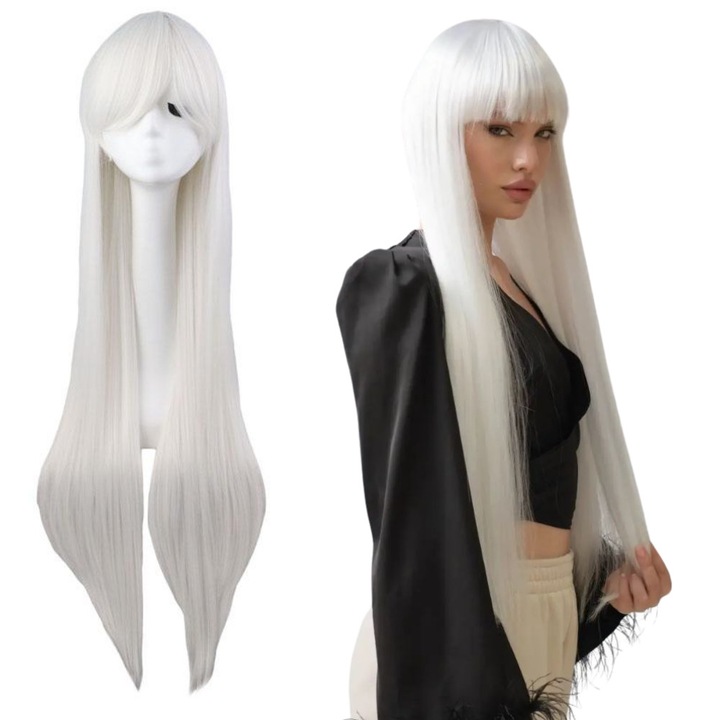 Дълга бяла перука 100 см, права коса, с бретон, комплект с шапка, Consee