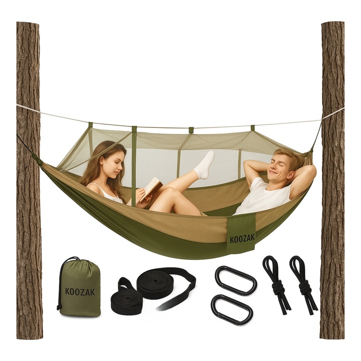 Туристически хамак с мрежа против комари, Zolta, 180кг, зелено-бежов, размери 260x140см, пълен монтажен комплект