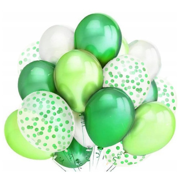 Комплект балони бели и зелени с конфети, PartyPro, 20 бр., 12 инча